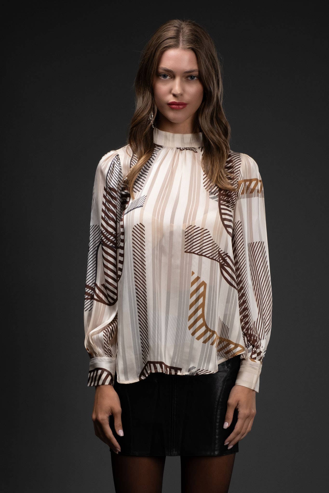 BROWN MULTI ABSTRACT PRINT LONG SLEEVE WOVEN TOP for wholesale on Faire3