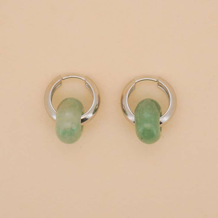 Stone Hoop Earrings in Light Green Jade for wholesale by Paulina Otero