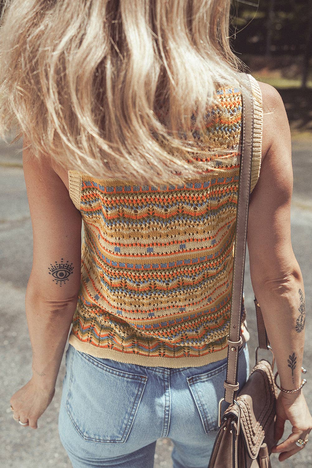 Brown Stripe Eyelet Crochet Round Neck Sweater Vest for wholesale on Faire1