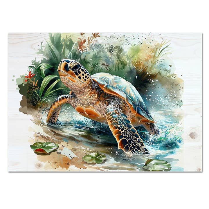Turtle Beach Watercolor Art WOOD Plank- 5x7 Inches for wholesale by Map Mom
