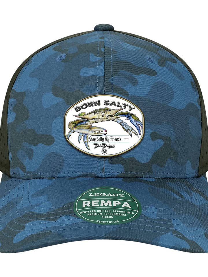 Born Salty Blue Crab Performance Blue Camo Hat for wholesale by David Dunleavy