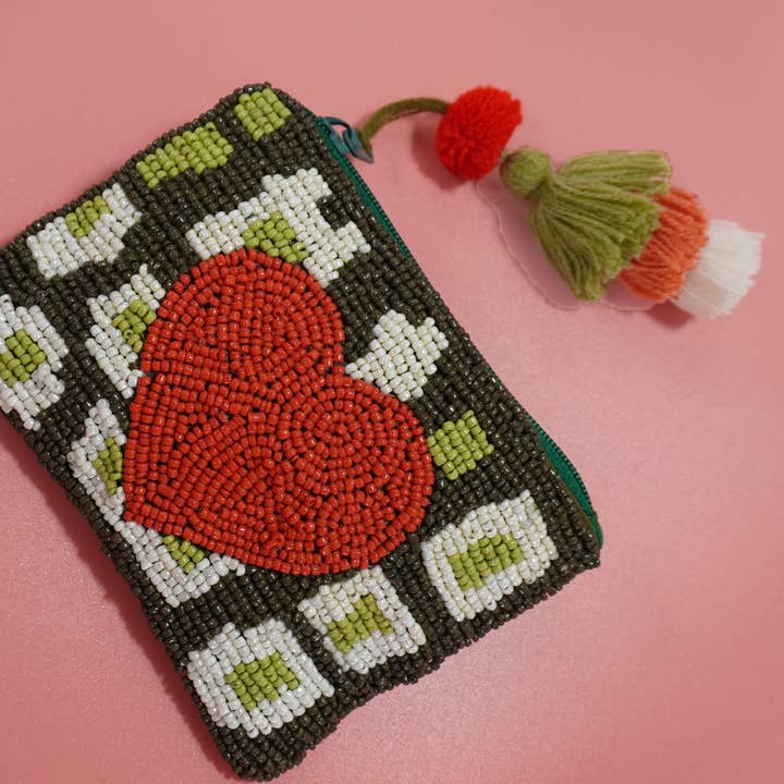 OLIVE VALENTINE'S DAY RED HEART SEE BEAD COIN PURSE | 91CP898 for wholesale on Faire