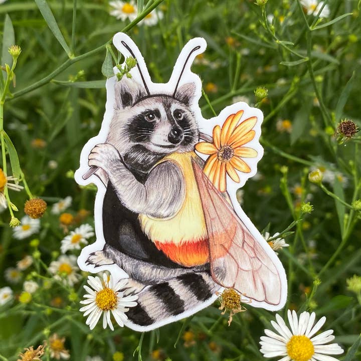 Bumblebee Raccoon Weatherproof Vinyl Sticker for wholesale by Allison Stoiser Art