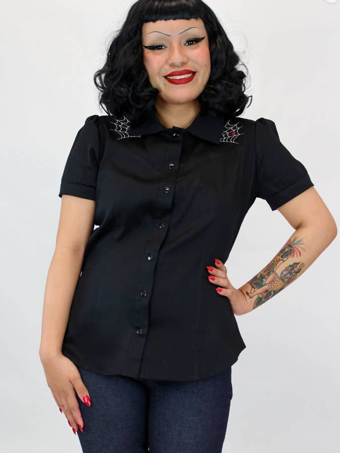 Hemet - Wholesale Button Down Shirt - Women's - Spider Webs and Spider Black Western Rockabilly2