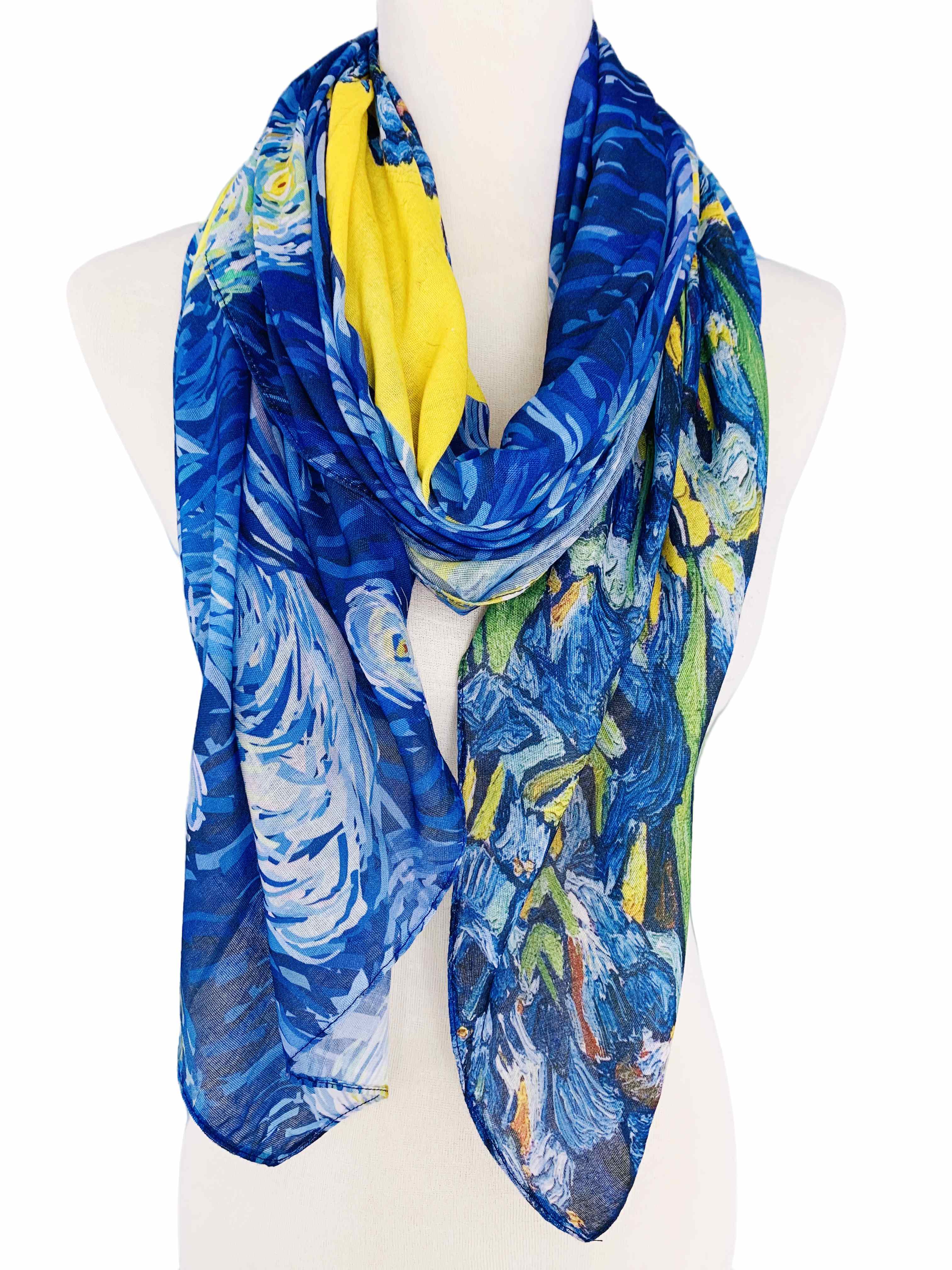 JC Sunny Fashion - Wholesale Scarf - Women's - JC071119 Blue-Yellow Starry Night & Irises Scarf