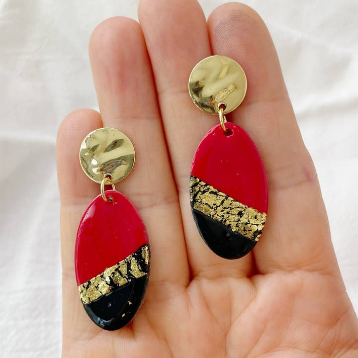 Frosted Willow - Wholesale Dangle earrings - Red, Black and Gold Crackle Earrings Lightweight Polymer Clay Earrings Gold Dangles1