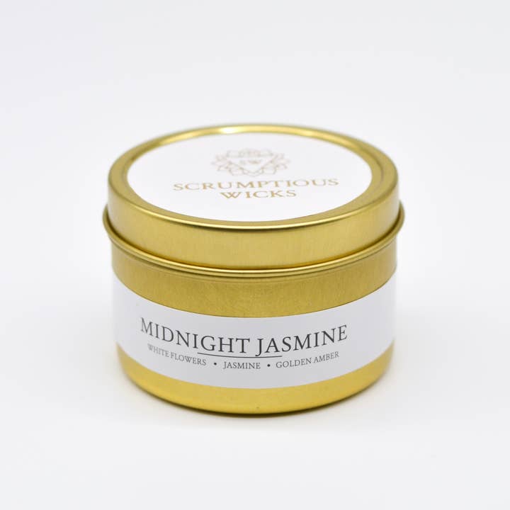 Midnight Jasmine 3.5oz soy/coconut wax gold tin candle for wholesale by Scrumptious Wicks