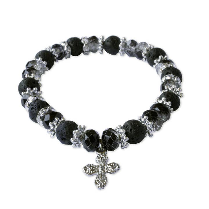 Bracelet chapelet perles de lave noires avec breloque croix pour la vente par RM Trading