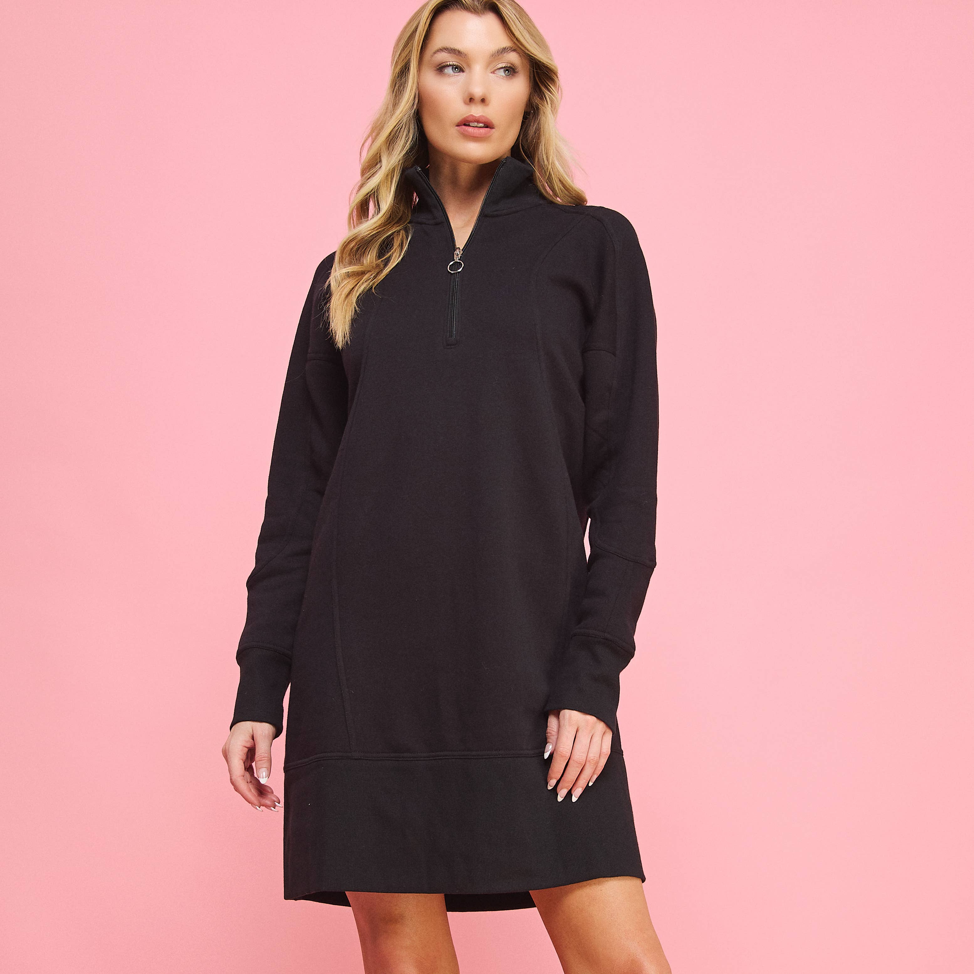 FREEZIA - Wholesale Dress - Women's - FRENCH TERRY HALF ZIP PULLOVER SWEATSHIRT DRESS-FZ0010-D34