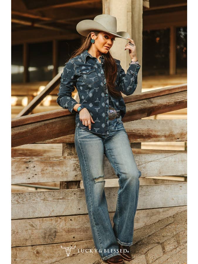 LUCKY & BLESSED - Wholesale Button Down Shirt - Women's - Vintage Mid Wash Cowskull Aztec Laser Printed Shirt