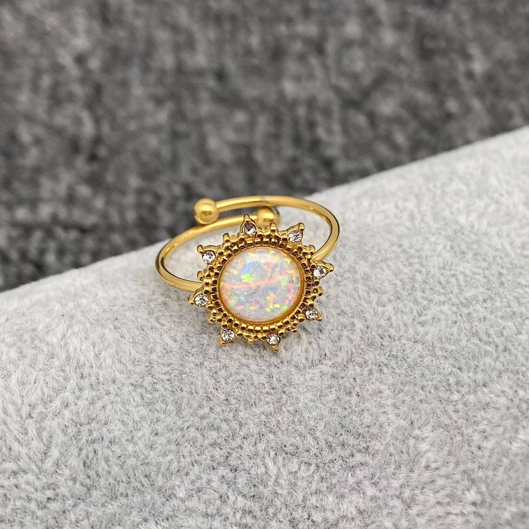 Mio Queena - Wholesale Single Stone/Solitaire Ring - Lucky Opal 18K Gold Plated SS Adjustable Ring - FGS/CS9