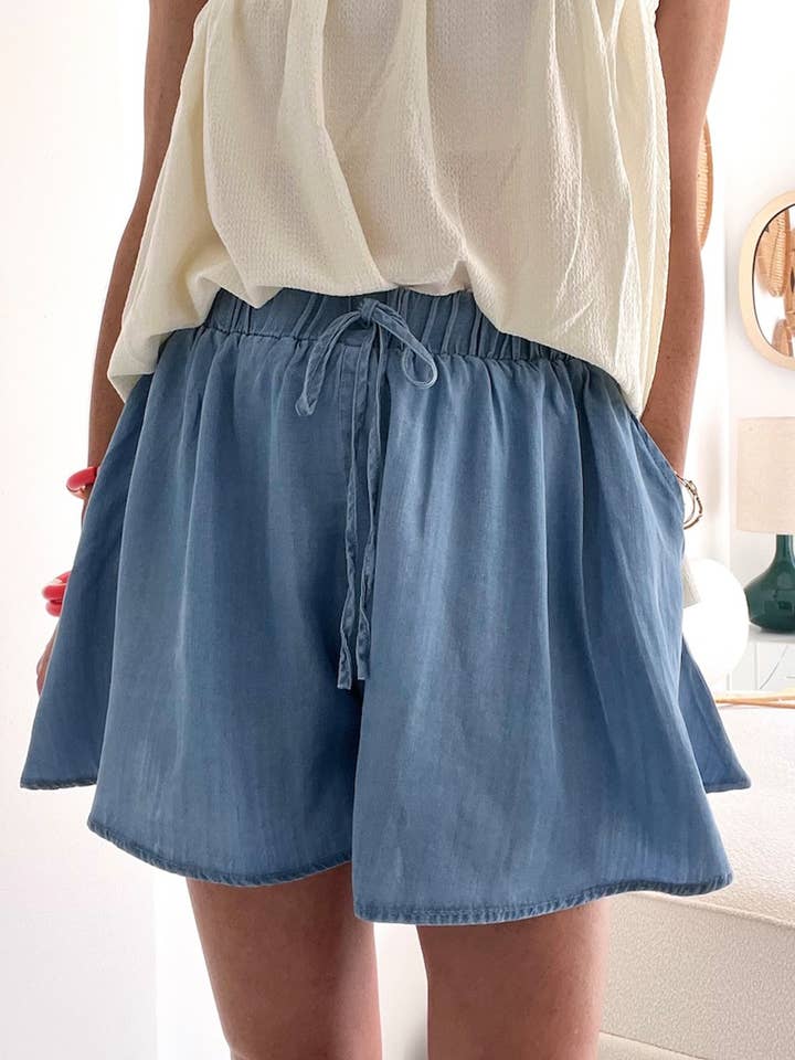 Blue Drawstring Elastic Waist Wide Leg Denim Shorts for wholesale on Faire