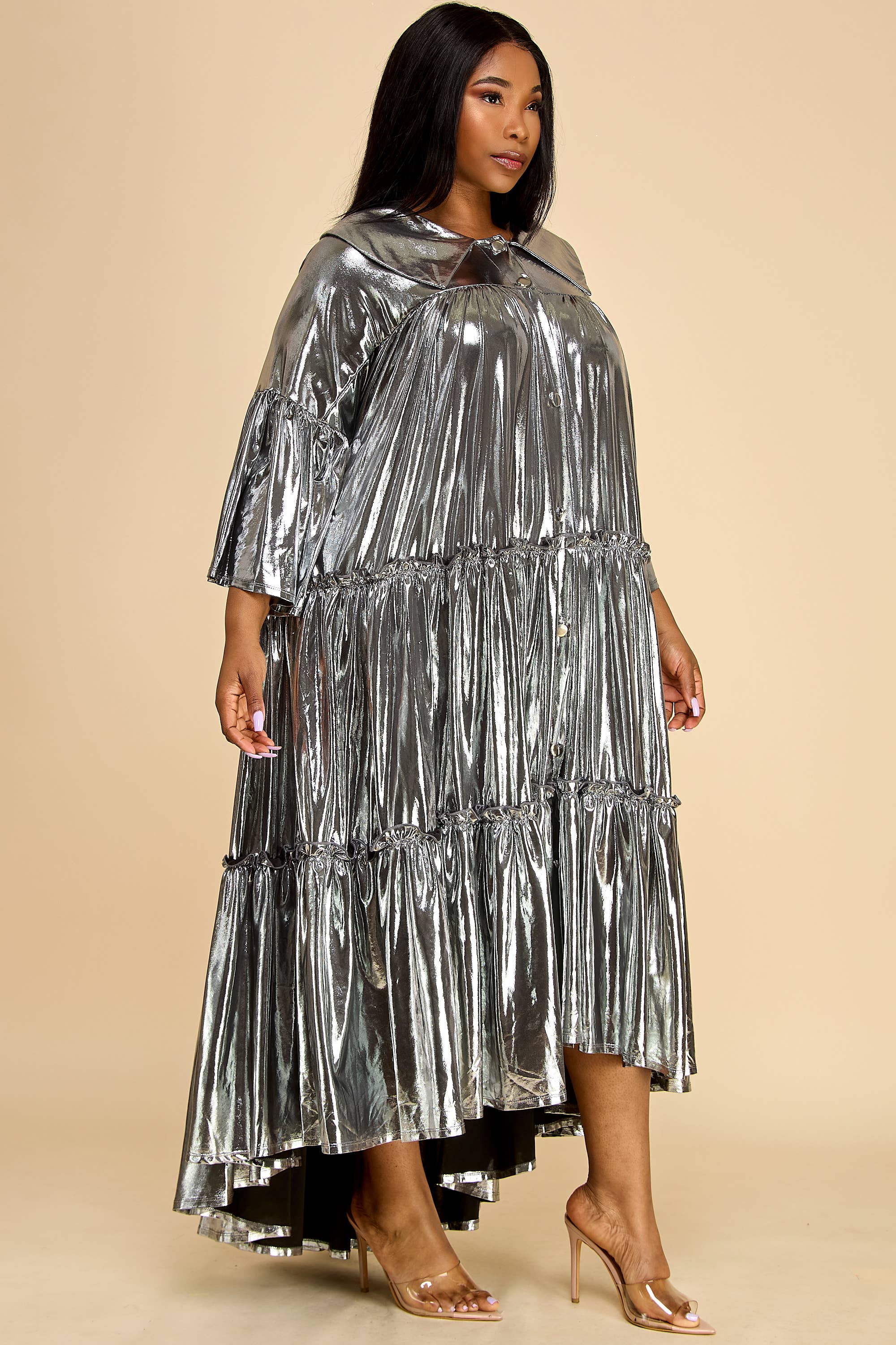 Namatt Design - Vente Robe – femme - Robe évasée plissée métallisée à plusieurs niveaux à manches évasées6