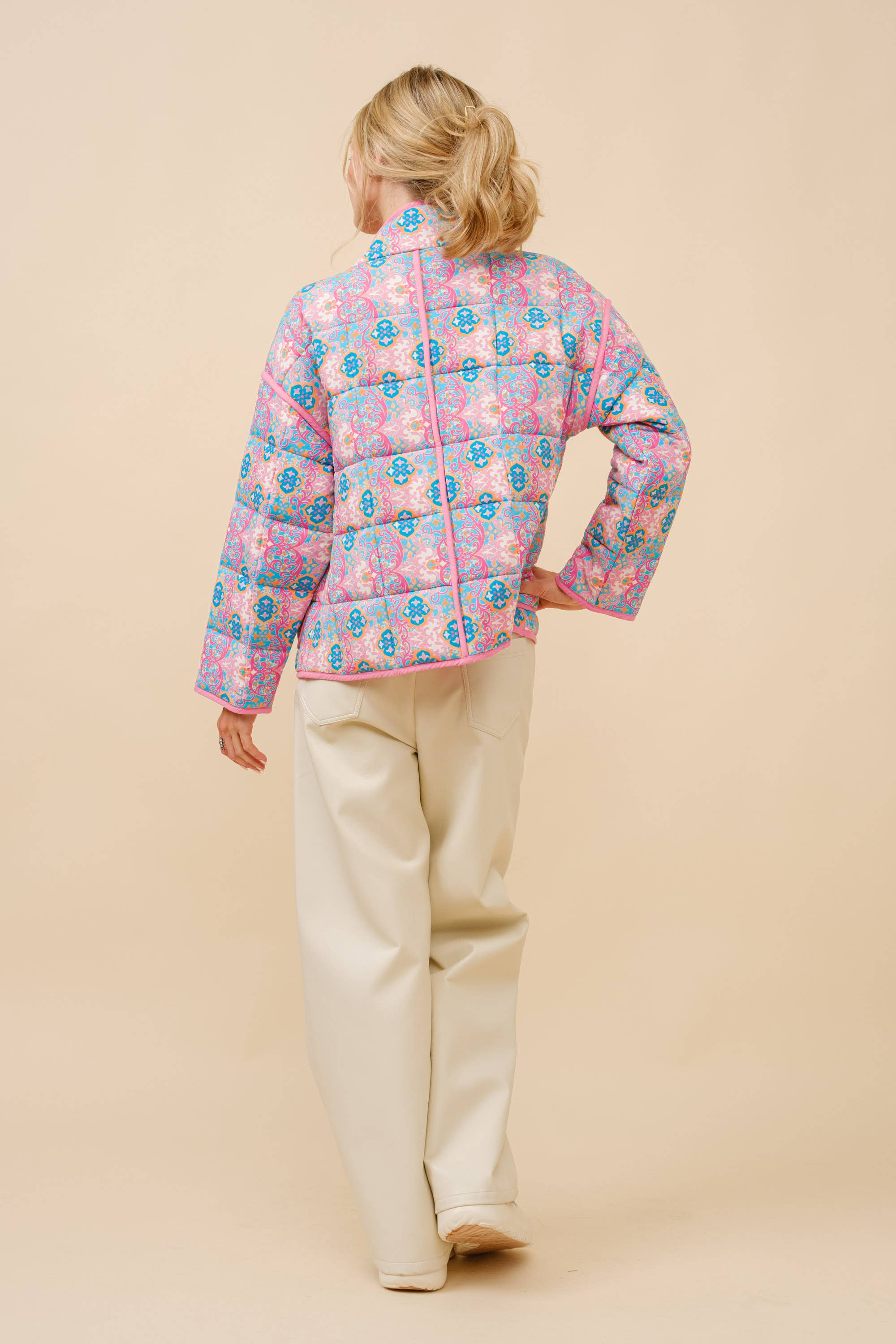 PINK BLUE 35044J - Rayon Challis Floral Reversible Quilted Jacket for wholesale on Faire4