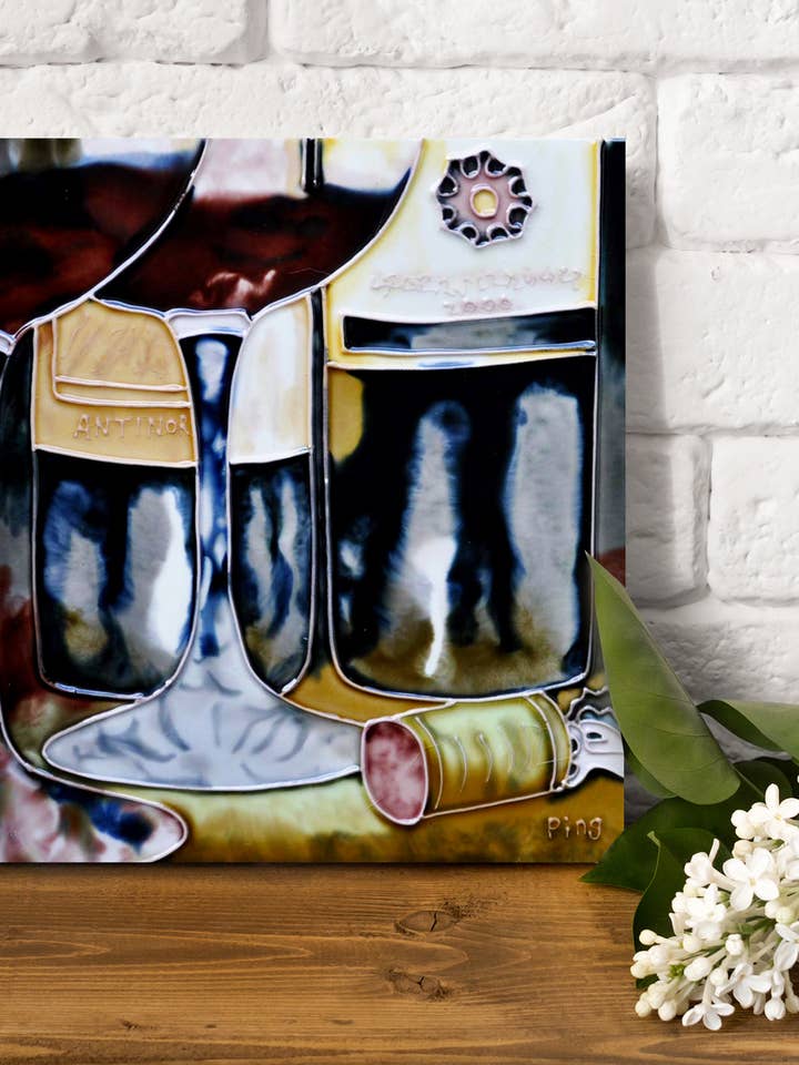 8"x8" Art Tile- Dark Wine Bottles and Glasses for wholesale by Continental Art Center