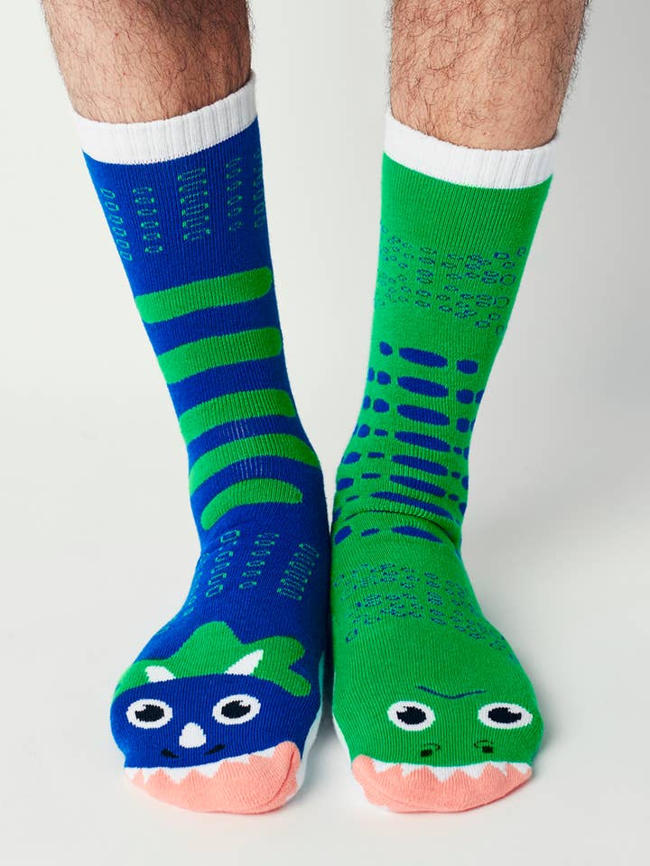 T-Rex & Triceratops Dinosaurs Mismatched Socks for Adults for wholesale by Pals Socks