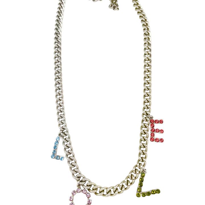 Long LOVE necklace in multicolor Sw crystal and 10µ silver for wholesale by Gloria Mago