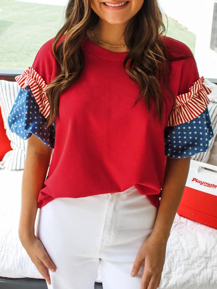 Stars Stripes Short Puff Sleeve Top for wholesale by FULL TIME PURCHASE