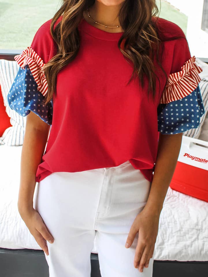 Fiery Red Stars Stripes Short Puff Sleeve Top for wholesale by Our Home to Yours Candles & Gifts