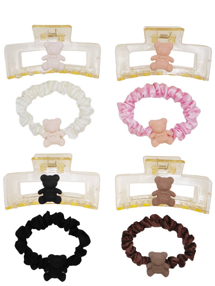 Teddy Bear Charm Scrunchie and Clear Hair Claw for wholesale by Cap Zone