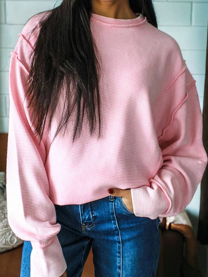 Pink Horizontal Ribbed Exposed Seam Long Sleeve Top for wholesale by Secret Style Source