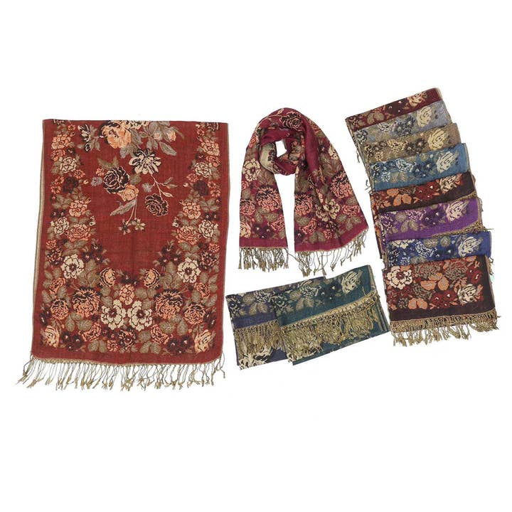 Metallic Pashmina Rose Pattern SCF3719-29 (12PC) for wholesale by TAPA fashion