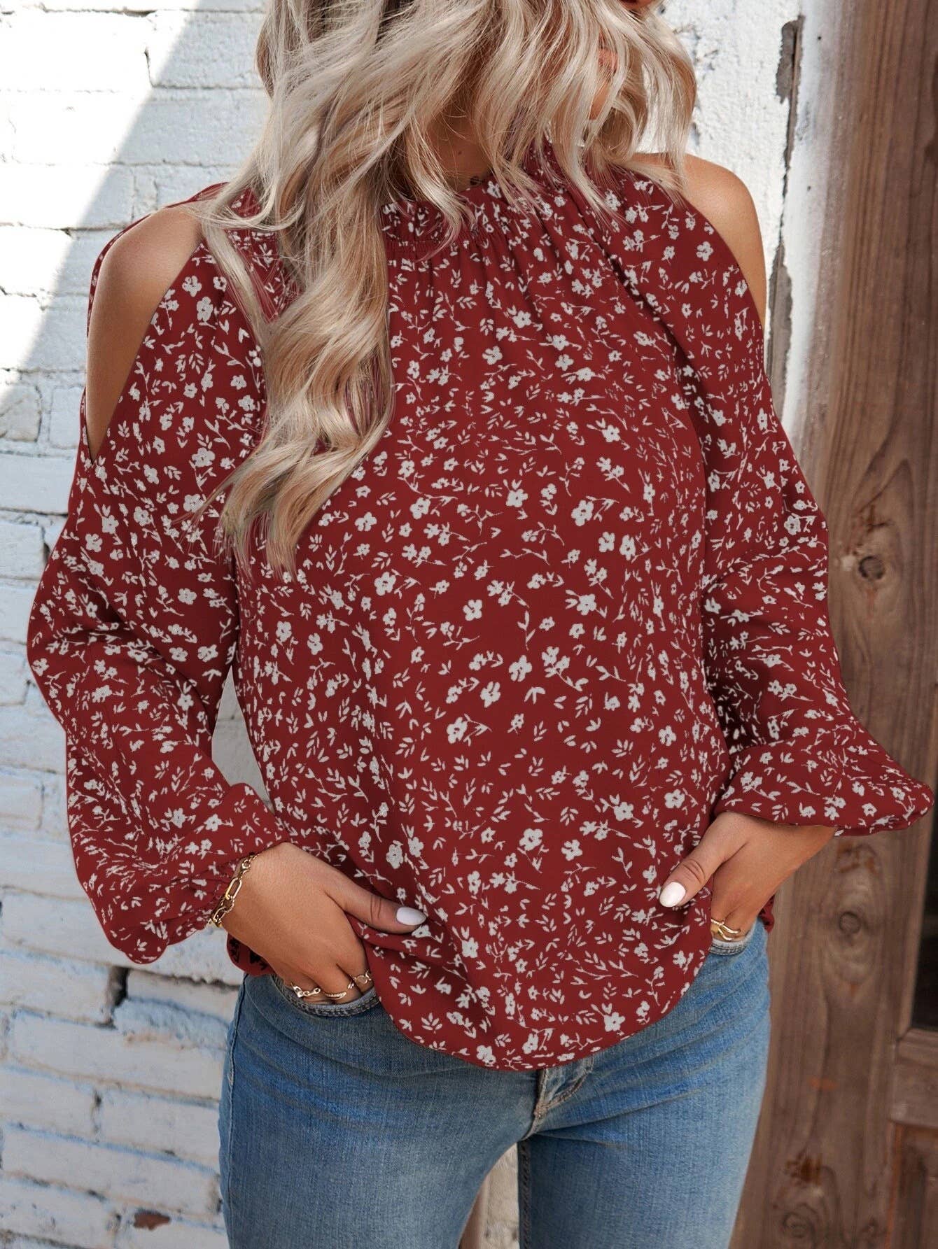 HIDDENBRAND - Wholesale Blouse - Women's - Floral Long-Sleeved Ruffled Blouse5