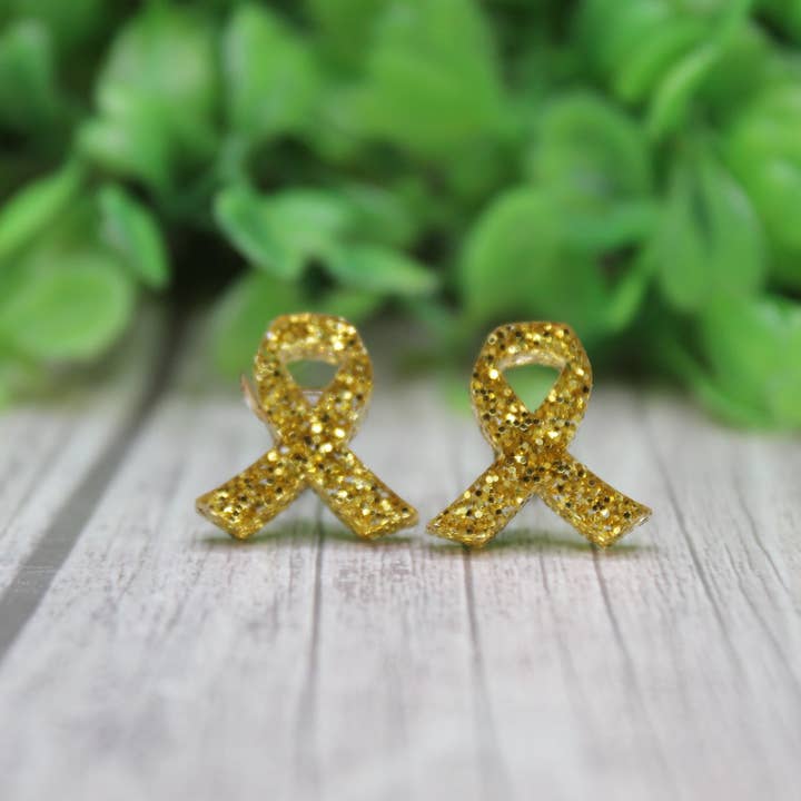 Pendientes de botón con lazo de concienciación de purpurina dorada/amarilla para venta al por mayor de Hylidae Boutique