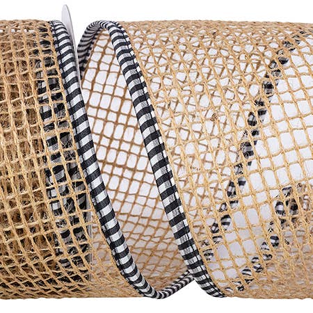 Open Weave Jute Mesh With Gingham Ticking Wired Edge, 4 In for wholesale by RELIANT RIBBON