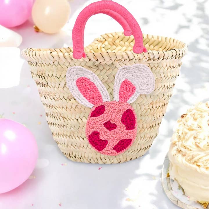 MIRAMAR Store - Wholesale Basket - Kids & Baby - Handwoven Straw Basket with Pink Bunny Ear Embroidery