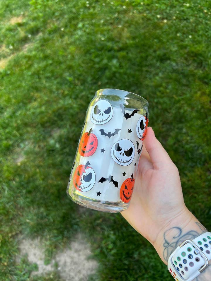 Pumpkin Skull Full Wrap Libbey Can Glass for wholesale by The Crazy Craft Girl LLC