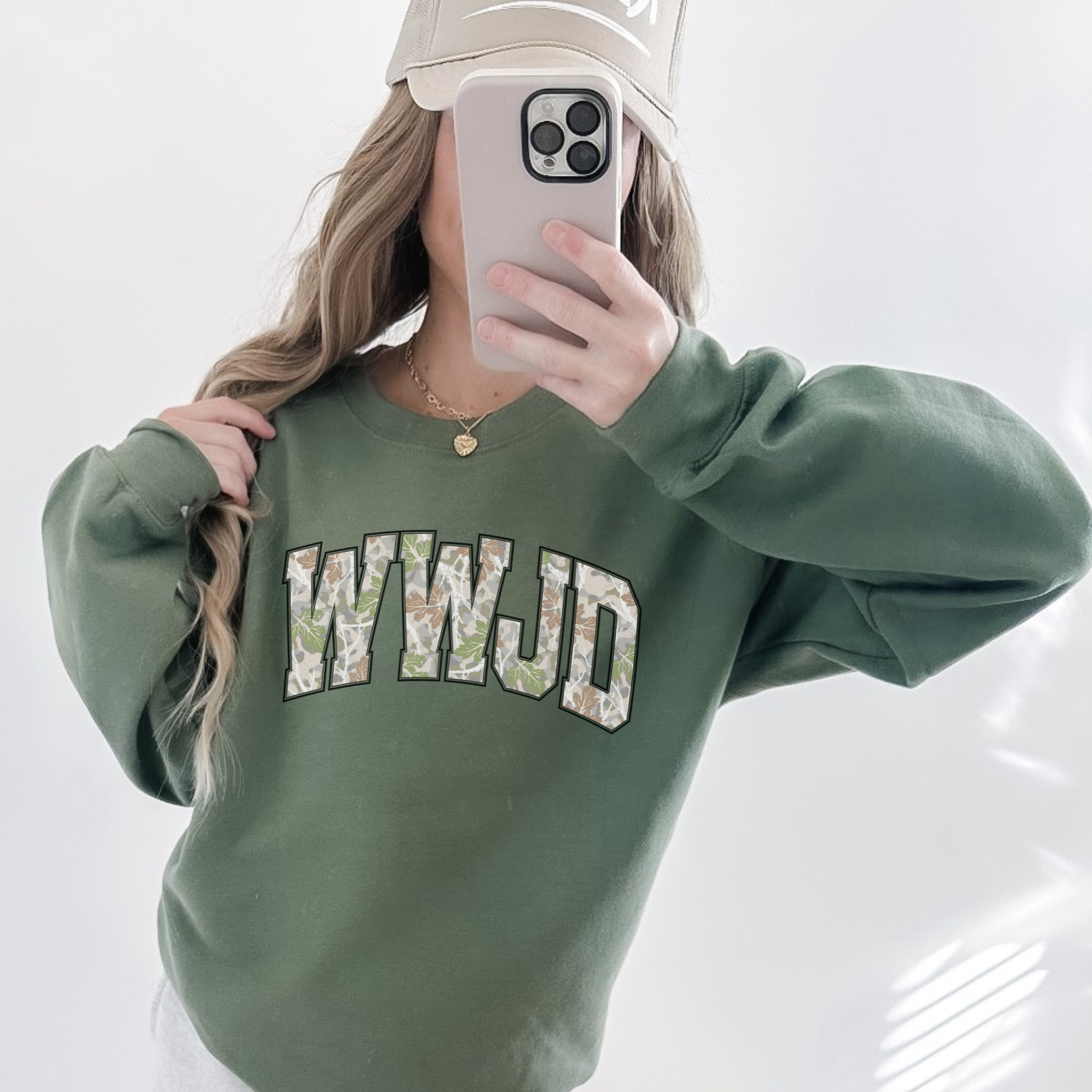 Hey Jude Graphic Tees - Wholesale Graphic Sweatshirt - Women's - WWJD Camo Letter Sweatshirt | Faith Graphic Crewneck1