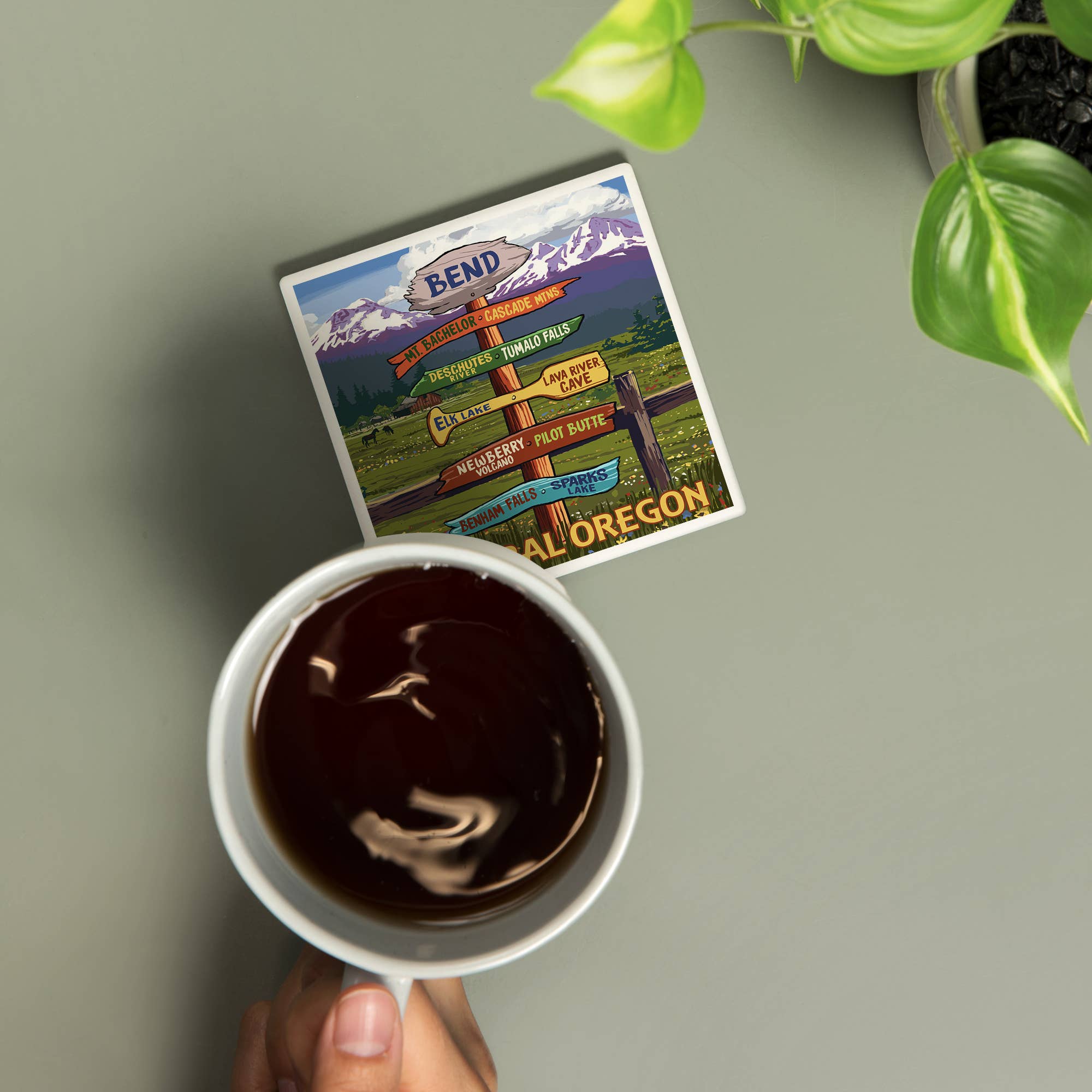 Lantern Press - Wholesale Coasters - CERAMIC COASTER Bend, Oregon, Destination Signpost1