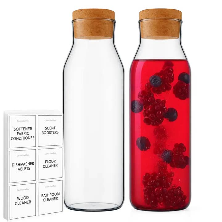 Jara Trading – wholesale Carafe – Glass Carafe - 1L Water Carafe with Lid - Versatile Clear Glass Bottle with Cork Lid, Used as a Bedside Water Carafe, Beverages or Non-Food Items Like Laundry Detergent Storage5
