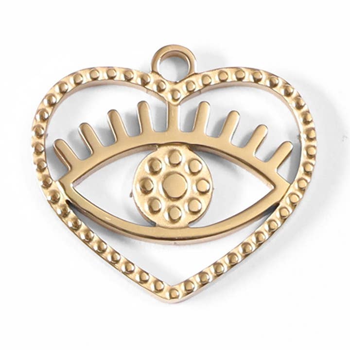 18K Gold PVD Stainless Steel Heart Evil Eye Charm for wholesale by WJW