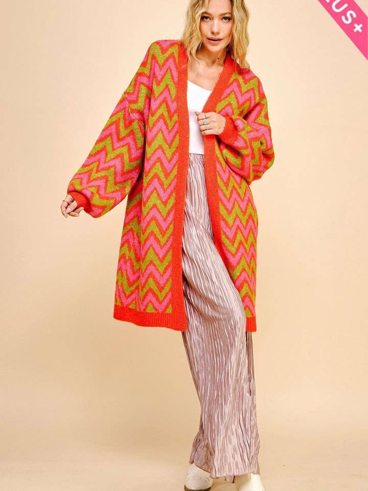 Red PLUS MULTI COLOR CHEVRON ZIGZAG LONGLINE CARDIGAN for wholesale on Faire