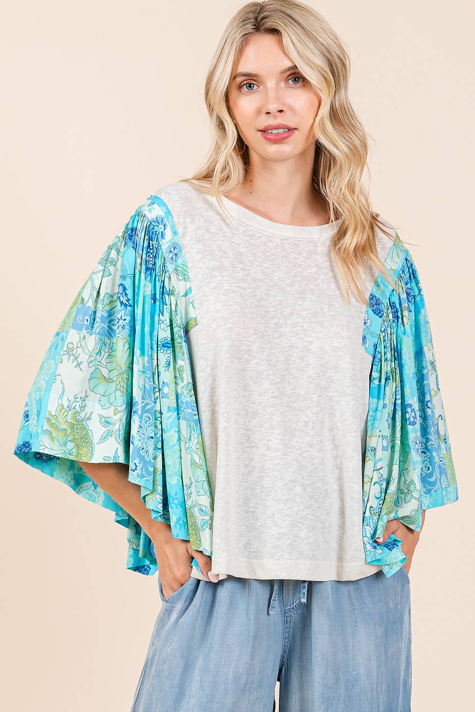 mittoshop - Wholesale Blouse - Women's - FLORAL PATCHWORK PRINT RUFFLE FLUTTER SLEEVE TOP4