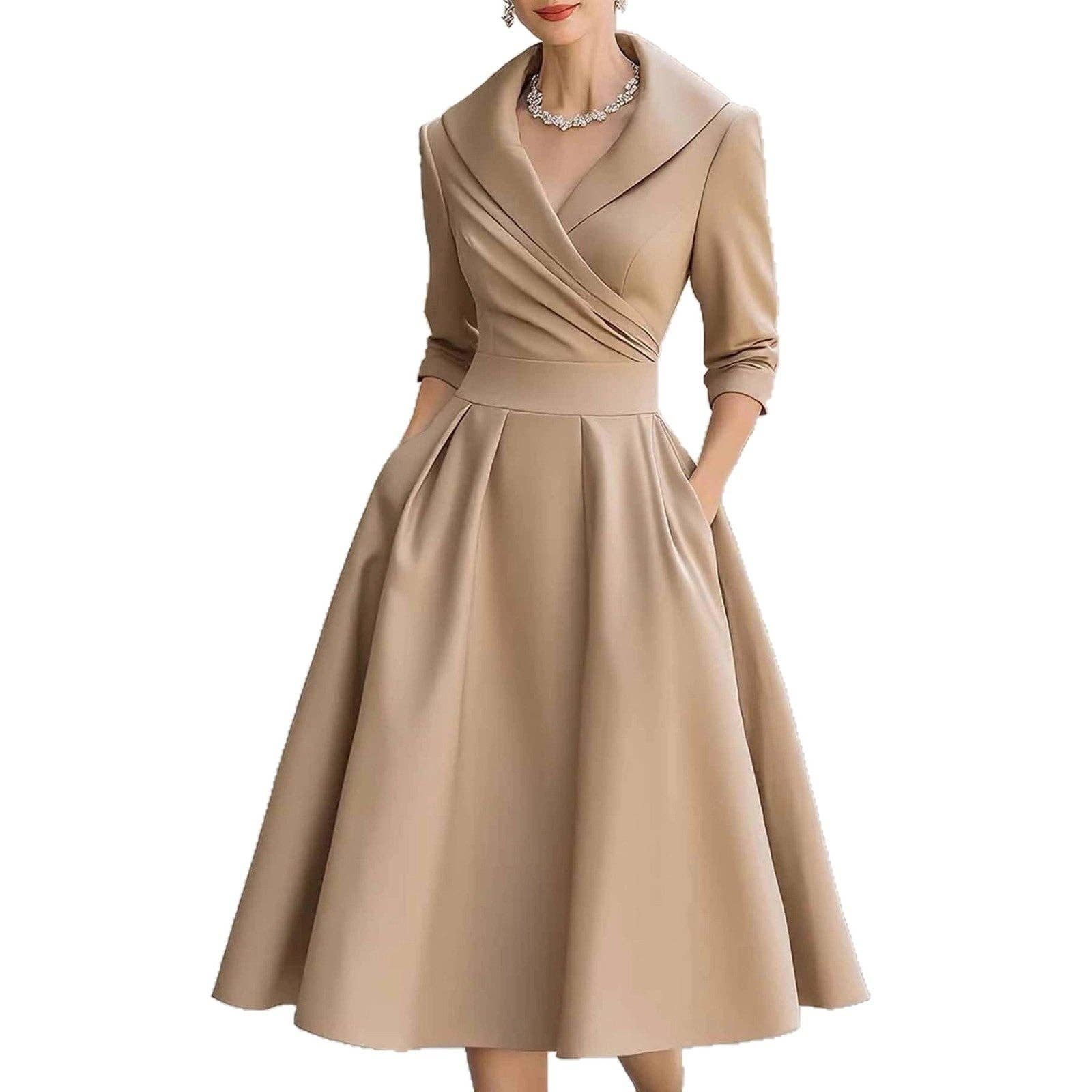 EmberLoom - Wholesale Dress - Women's - Women's Belted Satin V Neck Long Sleeve Midi Dress2