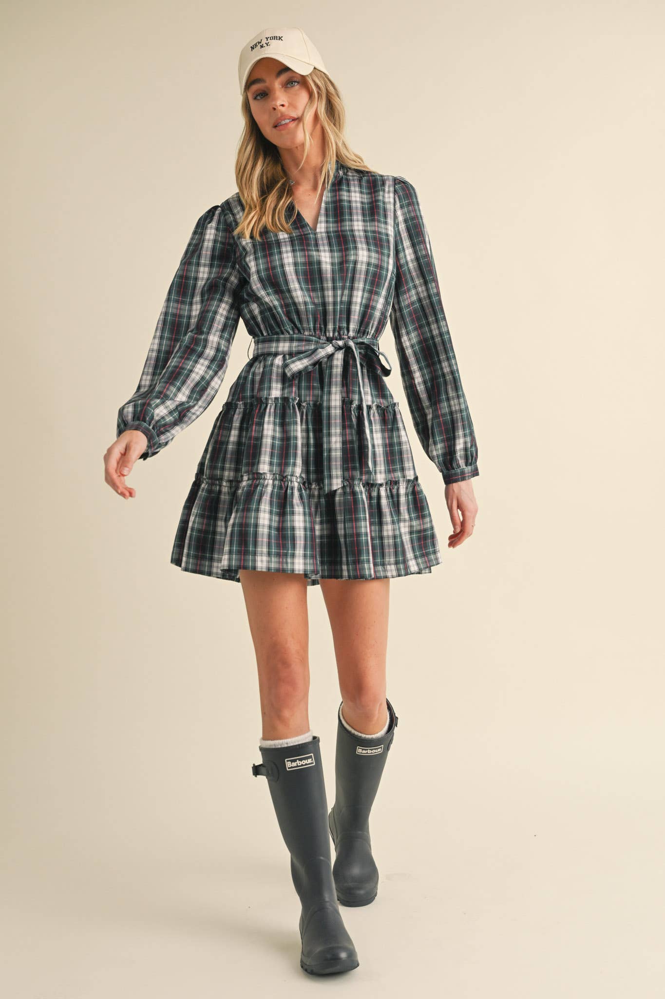 &MERCI - Wholesale Dress - Women's - PLAID MINI DRESS WITH TIERED RUFFLE TRIM MDR35383