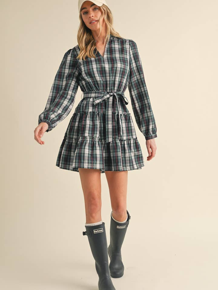 &MERCI - Wholesale Dress - Women's - PLAID MINI DRESS WITH TIERED RUFFLE TRIM MDR35383