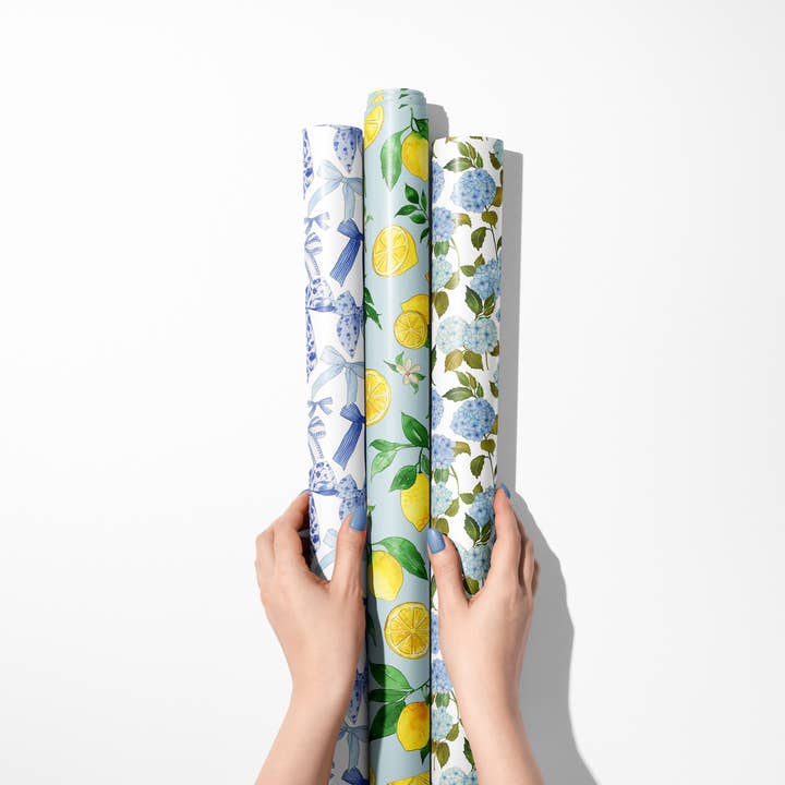 KelseyMDesigns - Wholesale Wrapping Paper Roll - Blue Hydrangea Pattern Wrapping Paper - 3 Sheet Roll