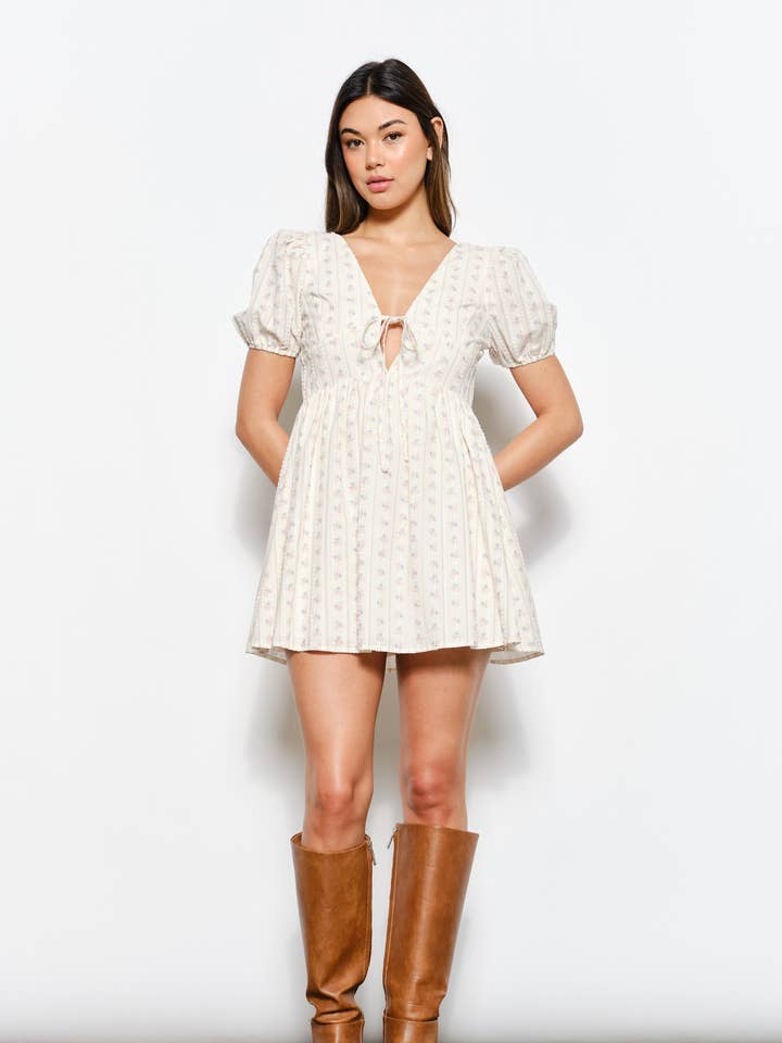 Ivory COTTAGE PUFF SLEEVE MINI DRESS for wholesale on Faire