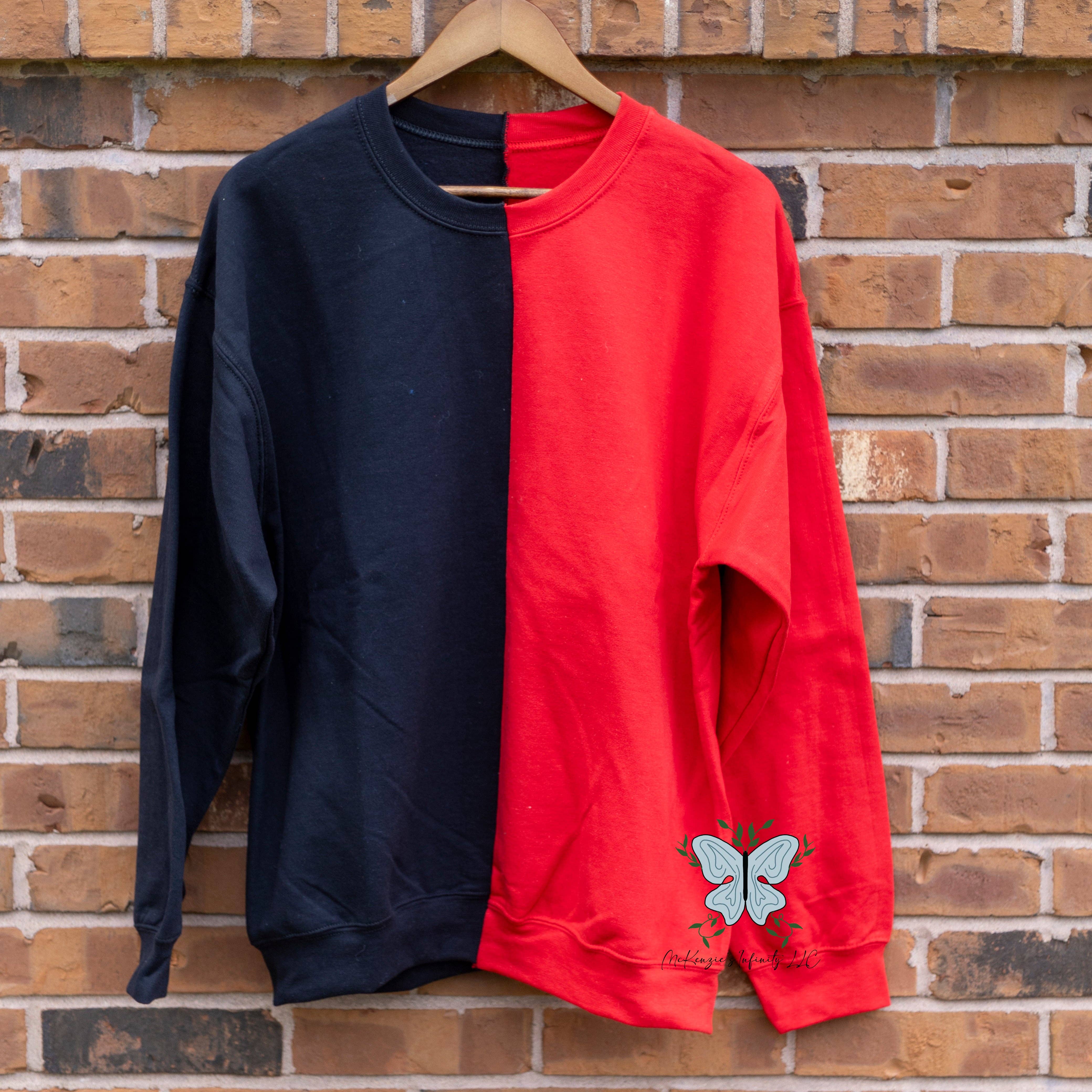 McKenzie’s Infinity LLC - Wholesale Sweatshirt - Unisex - Red & Black Split Colored, Two-Toned, Crewneck Sweatshirt1