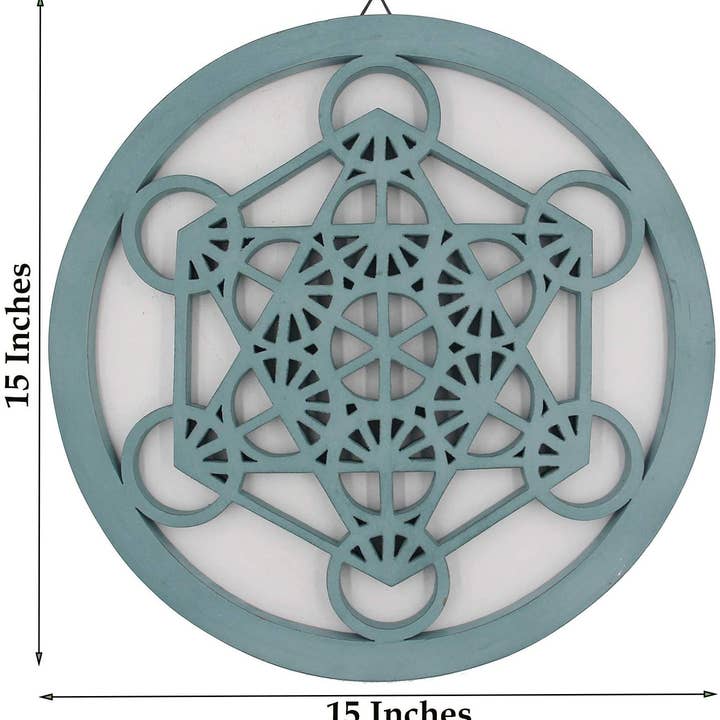Lungta Imports - Wholesale Vase - Large Metatron Cube Sacred Geometry Handcrafted Wooden Wall Decor (Turquoise, 15.75 Inches)3