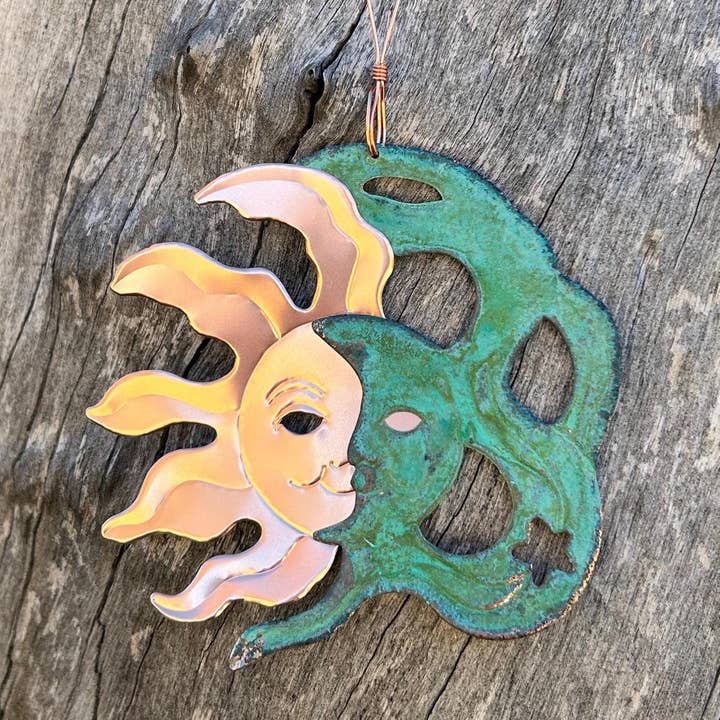 Sun & Moon Copper Christmas Ornament for wholesale by Dos Damas Designs