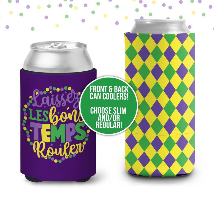 Mardi Gras fest kan coolies | laissez les bons temps rouler kan kølere drik isolatorer til mardi gras parade og parter for engroshandel hos ZA Handmade Wholesale