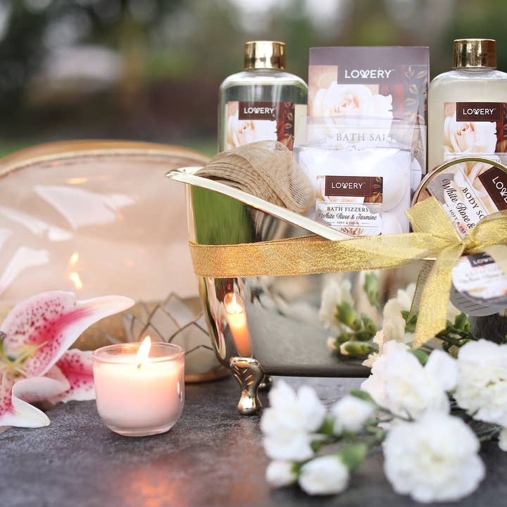 Lovery - Wholesale Bath & Body Set - Home Spa Gift Basket, 13pc Bath & Body, White Rose Jasmine