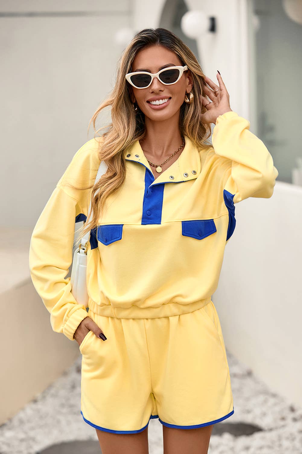 Little Daisy Closet - Wholesale Lounge Set - Women's -  LDC Colorblock Half Button Pullover and Shorts 2pcs Outfit1