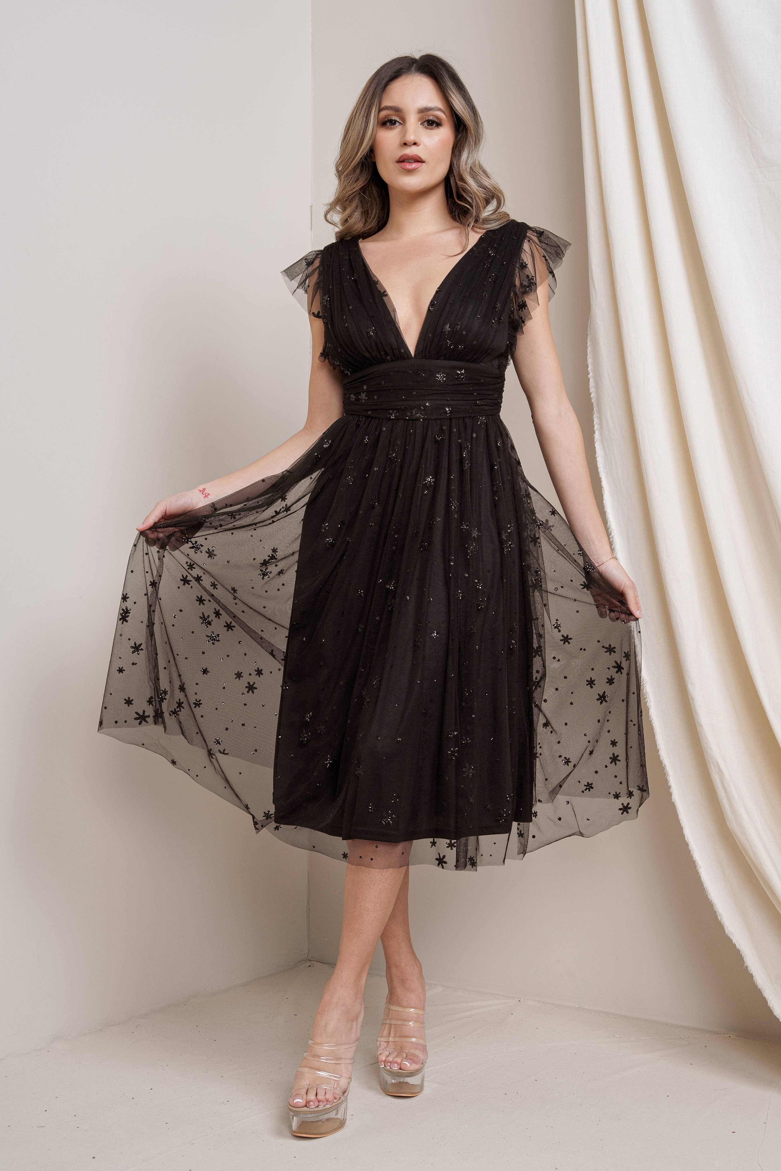 Rosemore Couture - Vente Robe – femme - NOTRE MEILLEURE VENTE : LA ROBE MAXI À PAILLETTES ÉTOILÉES EN VERSION MIDI0