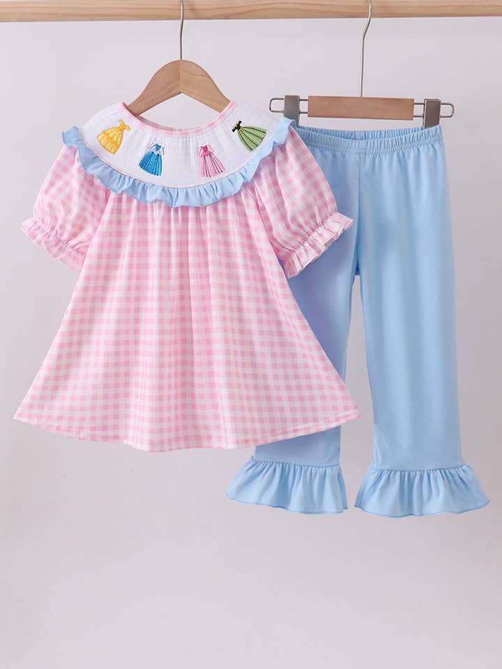 Pink princess smocked gingham ruffle pants set for wholesale by Aspen Rain Boutique